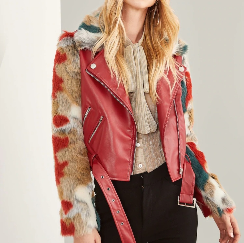 SHEIN red jacket with fur sleeve